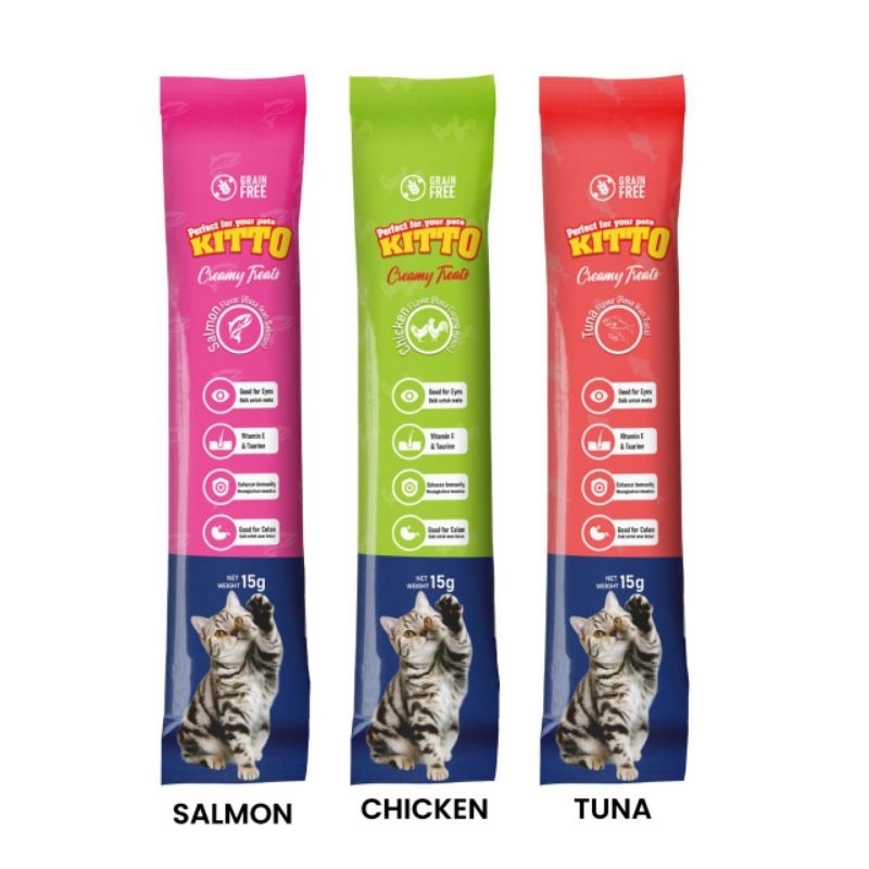 CREAMY TREATS SNACK KUCING KITTO 15GRAM GRAIN FREE HALAL Tuna Chicken Salmon Ayam Sneck Kito Snek Ja