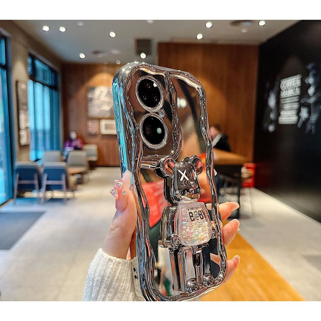 Case Ring Kaws stand iPhone X XS / 11 /12 / 13 / 14 / 15 / 16 PRO / PLUS / PROMAX SILVER WAVE CURLY 