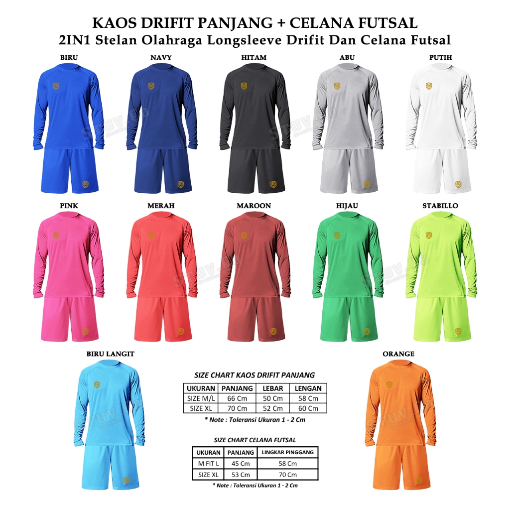 SETELAN 2IN1 STUVCO OLAHRAGA KAOS PANJANG DRYFIT + CELANA KOLOR PENDEK SEPAK BOLA JOGGING SEPEDA