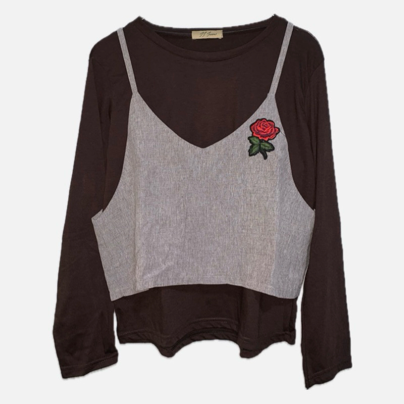 Longsleeve Brown with Red Rose - Baju Lengan Panjang Wanita