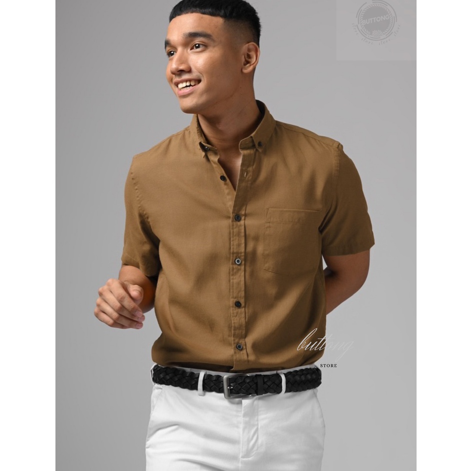 kemeja polos pria lengan pendek cowok casual kantoran laki laki coklat mocca cream