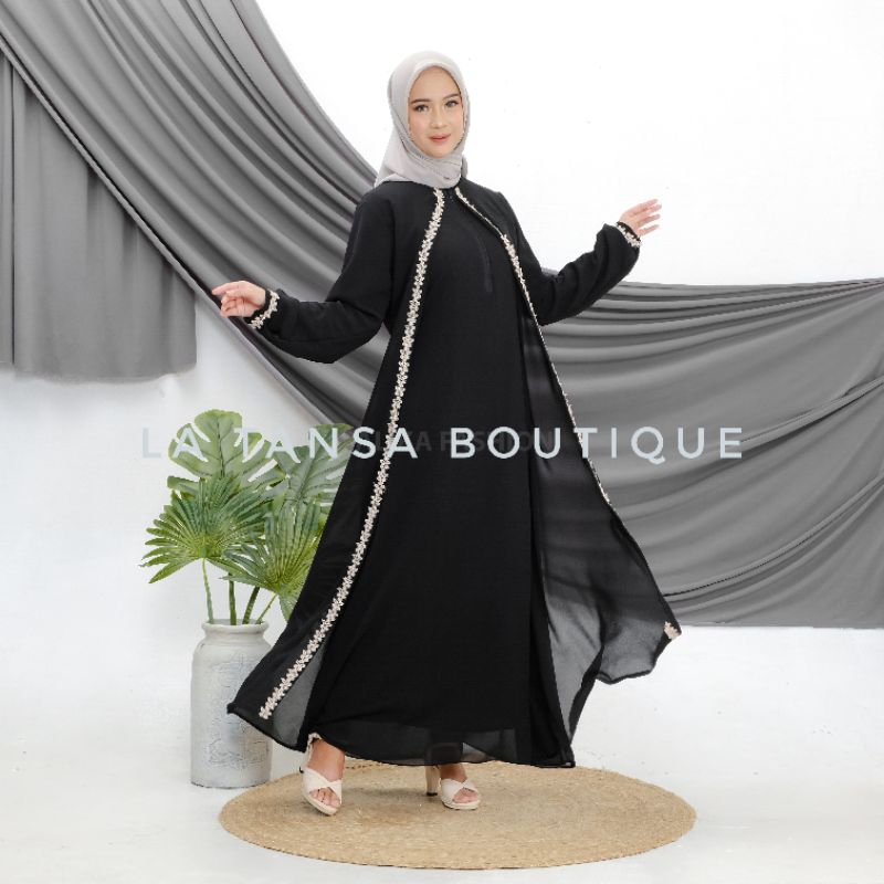 Gamis Abaya Hitam Seruty Renda Full Puring Busui dan Wudhu Friendly Kekinian Mewah Elegan