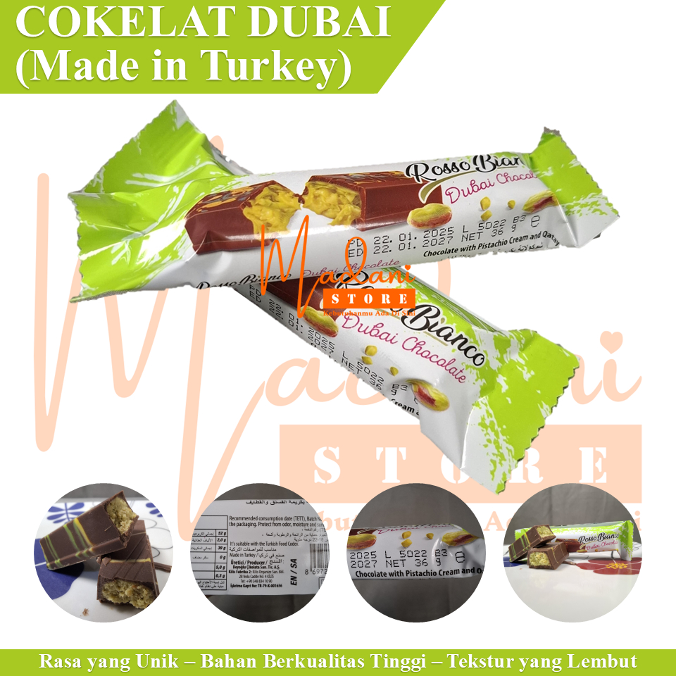 

Cokelat Dubai Mini Viral - Rosso Bianco - Coklat Kacang Pistasio - Oleh-oleh Haji dan Umrah - Makkah - Madinah - Made in Turkey - Turki - Chocolate With Pistachio