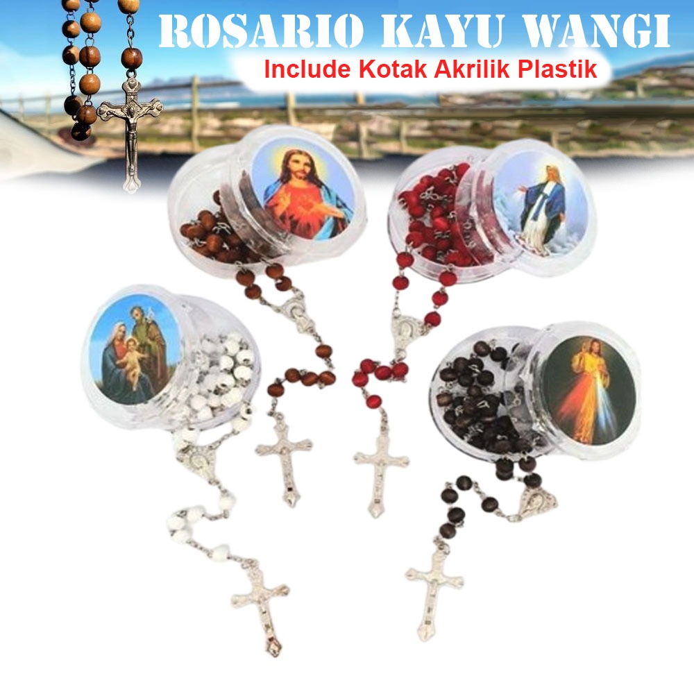 Kalung Rosario Wangi Kayu Harum Katolik Wadah Bundar Bening Kalung Rosario Kayu Wangi Coklat & Putih