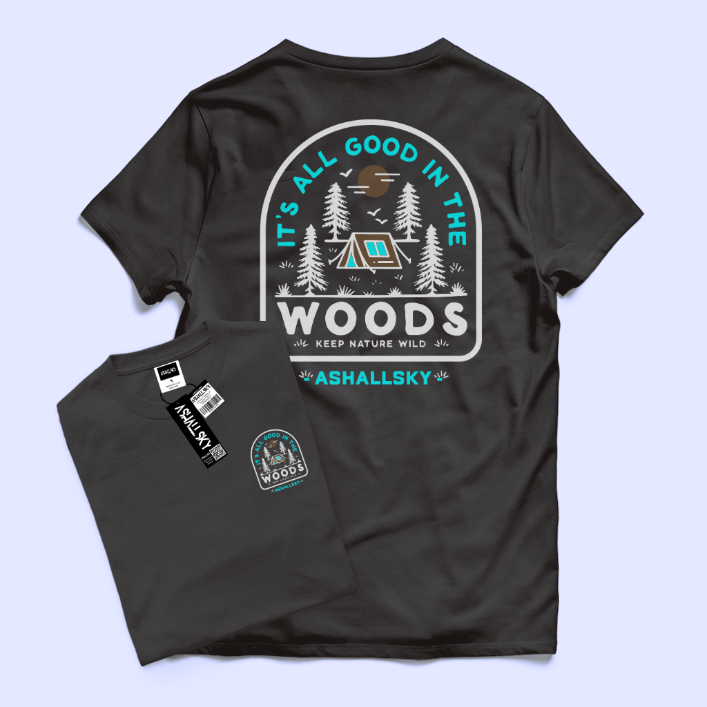 Ashall.sky Baju Tshirt Kaos Distro Lengan Pendek Motif Woods Warna Coklat  Pria Wanita Bahan Cotton 