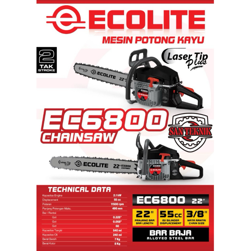 Chainsaw EC6800 22Inch ECOLITE / Mesin Gergaji Kayu Chainsaw Laser Tip EC6800 22" ECOLITE