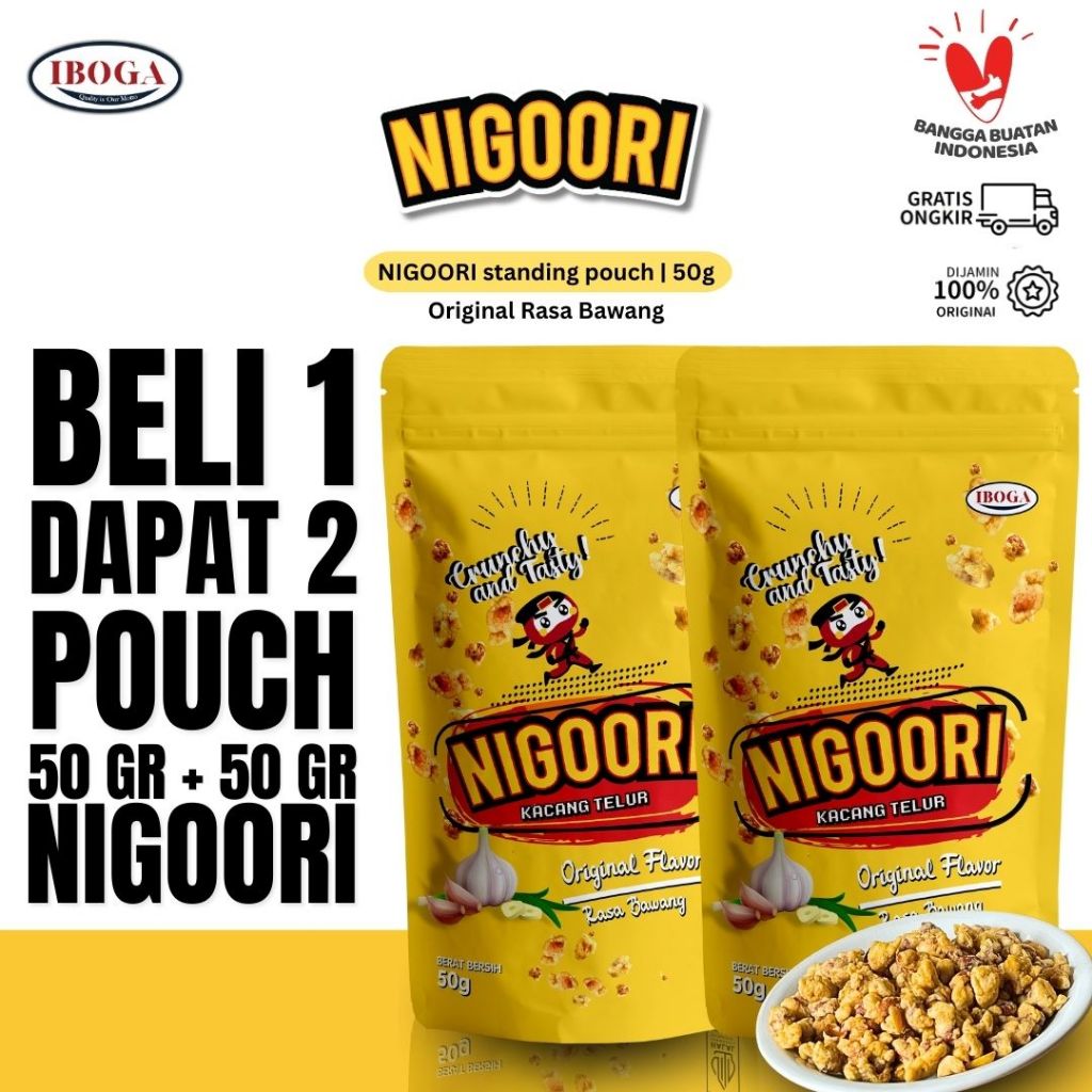 

[BELI 1 GRATIS 1] Snack Camilan kacang Telur Gurih Telor Murah Pouch 50g NIGOORI Rasa Ori Bawang