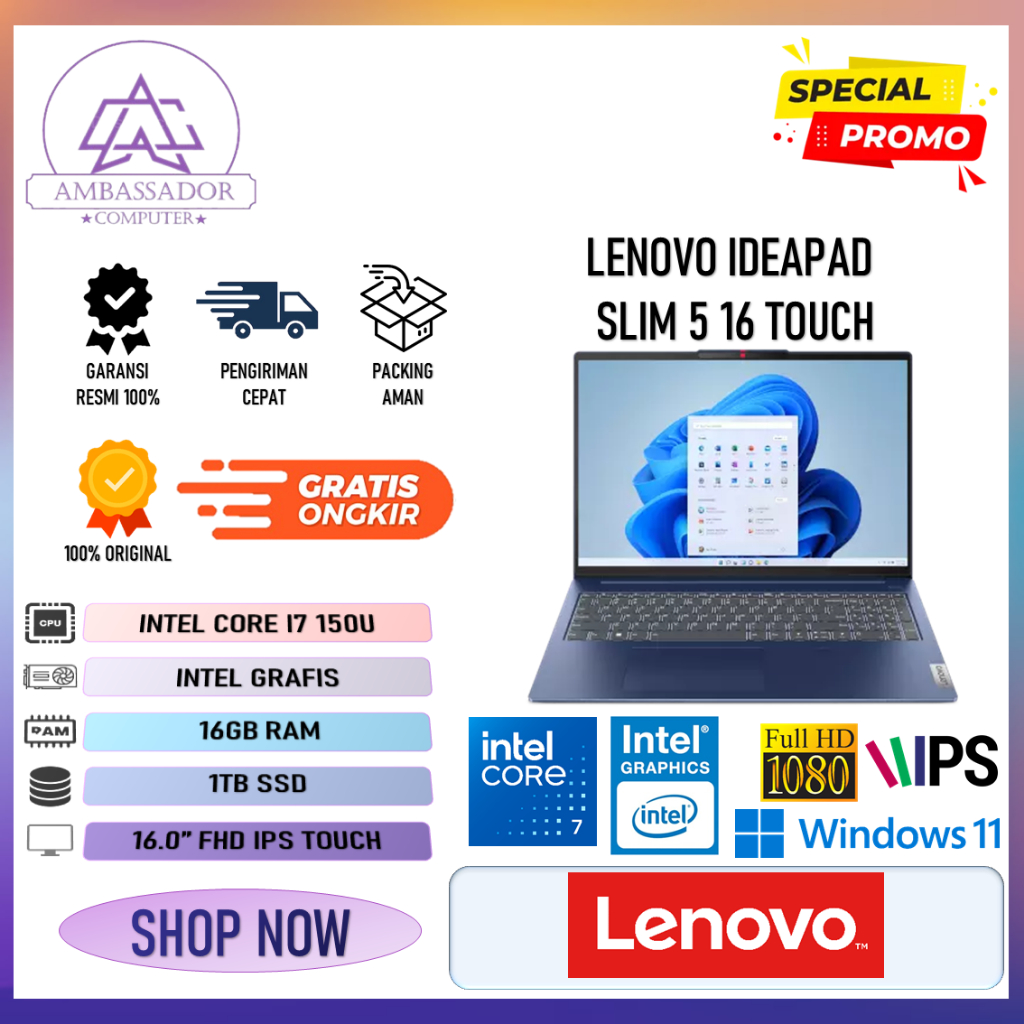 Lenovo ideapad slim 5 16 touch intel core I7 150U ram 16gb ssd 1tb layar 16.0" full hd ips