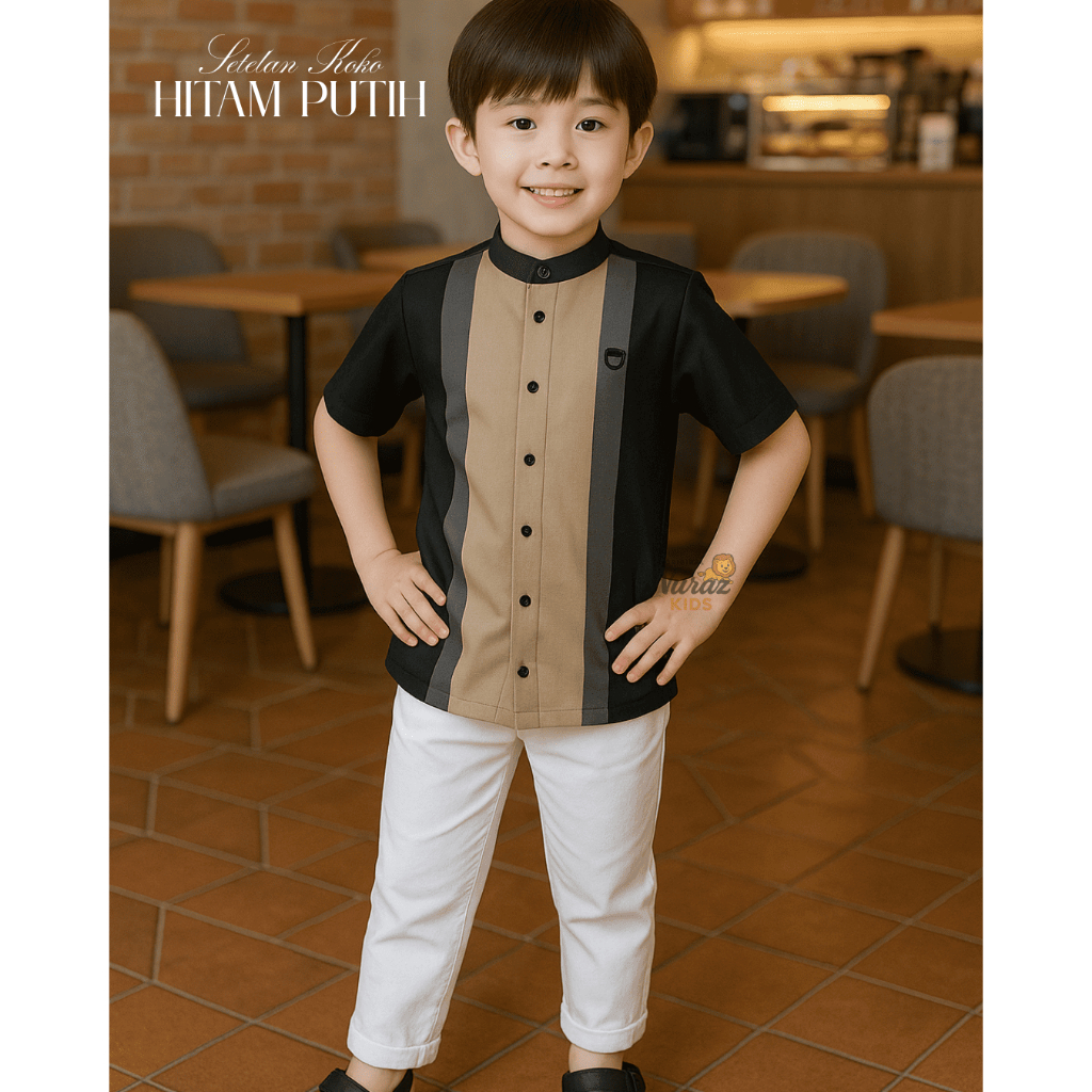 Termurah Setelan Koko Polos Anak Laki-Laki Nuraz Kids Celana Panjang Hitam/Putih Usia 18Th