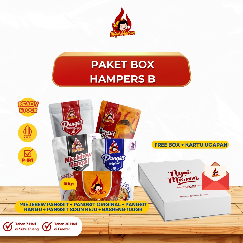 

Nyai Mercon – Paket Hampers B (Pangsit Ori, Pangsit Rangu, Mie Jebew, Pangsit Soun Kuah Keju, Basreng Stick Pedas Jeruk 100gram)