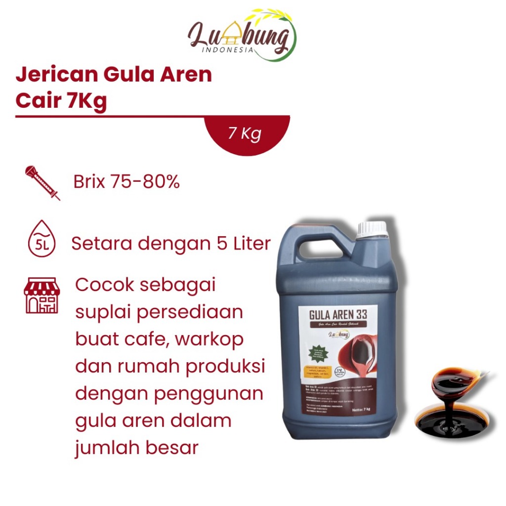 

Gula Aren 33 Cair Premium Palm Sugar Organik 7 kg/Paket Gula Aren Cair 1 Liter, Low Gi/Halal MUI dan Murni/Recommended by Chef or Barista/Organik Export Quality/Murni Tanpa Pengawet dan Pewarna