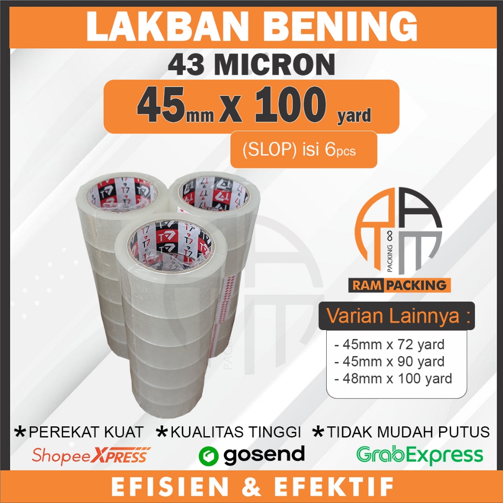 

SLOP 6 Roll, Lakban Bening 45mm x 100 Yard - Tebal Elastis Kuat