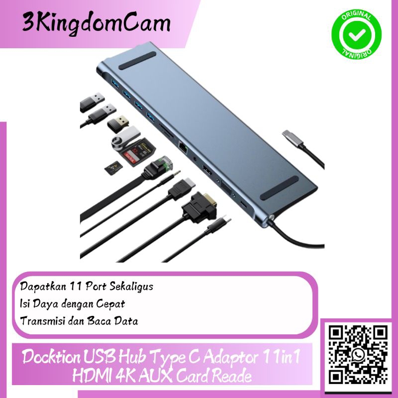 Docktion USB Hub Type C Adaptor 11in1 HDMI 4K AUX Card Reader