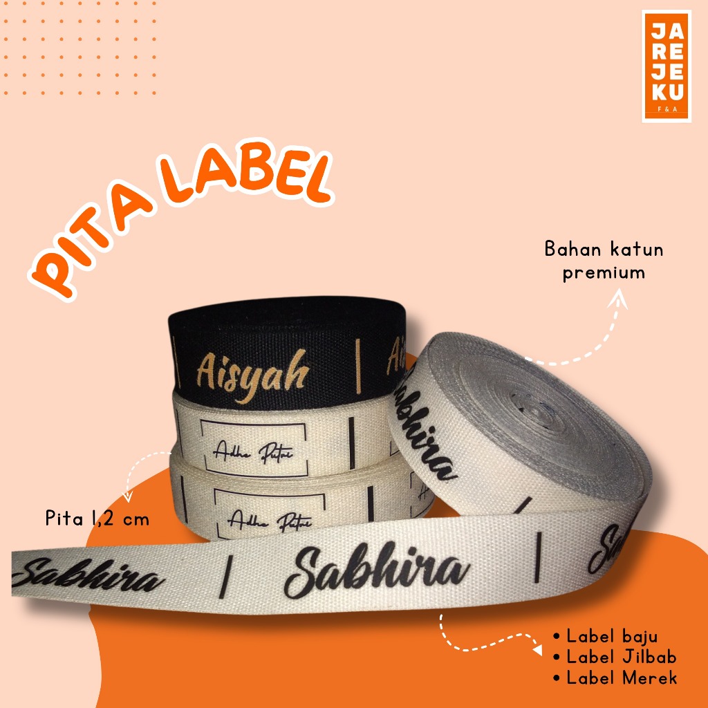 

[Pita 1,2 cm] Pita Label Custom / Label Baju Custom / Label Hijab Custom / Label Nama Baju / Merk Baju Label Custom / Cocok untuk Label Baju, Hijab, Aksesoris Hijab dan Produk Handmade