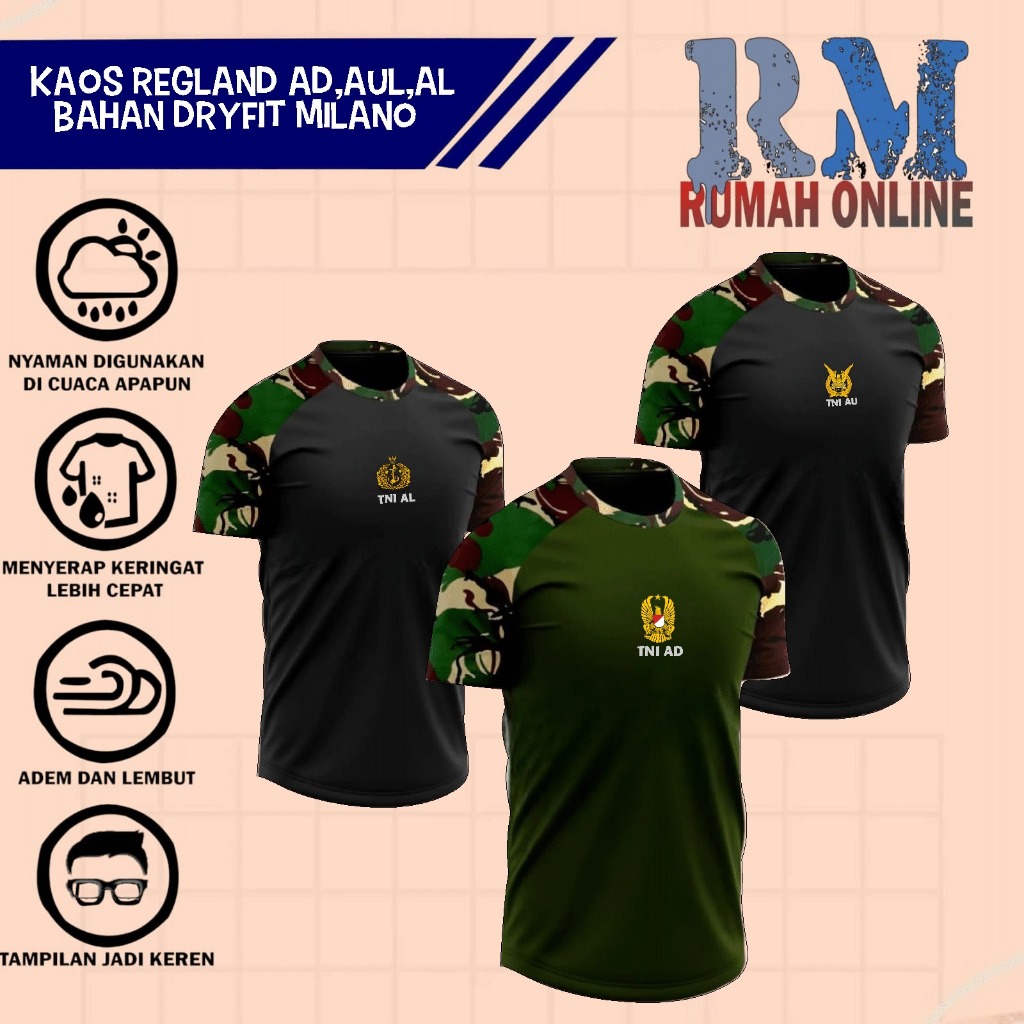 KAOS JERSEY REGLAND HITAM TNI AD /KAOS REGLAND TNI AU ARMY JERSEY TNI AL BAHAN DRYFIT MILANO