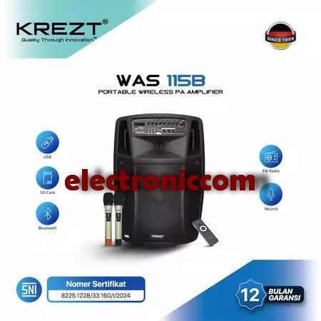 SPEAKER PORTABLE KREZT WAS115B SPEAKER 15 INCH BLUETOOTH WAS 115B / KREZT WAS-115B ORIGINAL