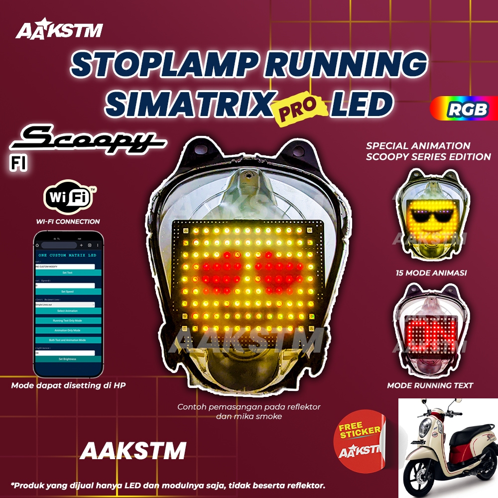 Stoplamp Running Text Animasi Scoopy Fi Simatrix Pro RGB Lampu LED Rem Modifikasi Motor