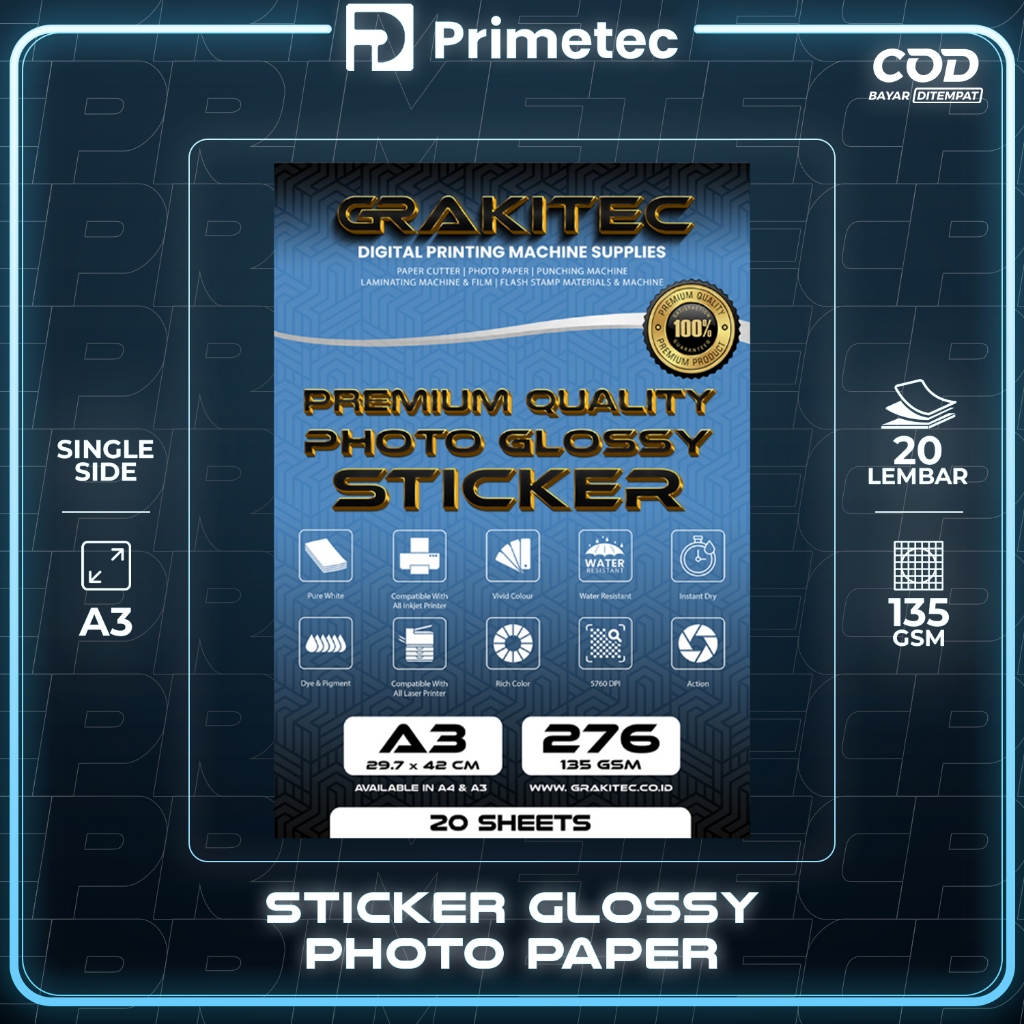 

Sticker Glossy Photo Paper Premium A3 Isi 20 Lembar ( Kertas Foto Sticker Glossy ) 135 GSM Primetec