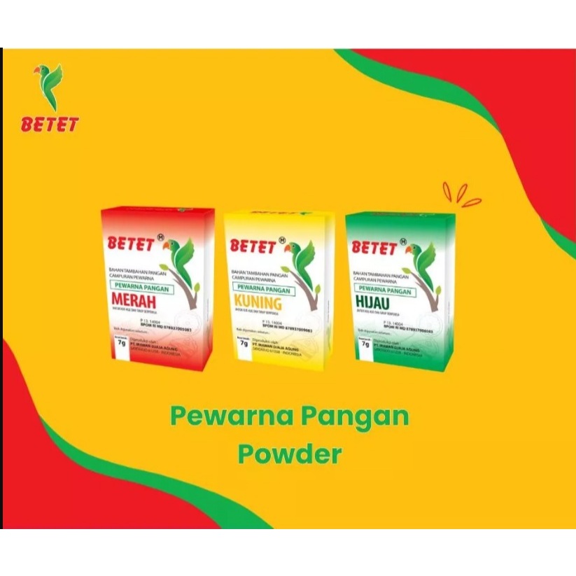 

Pewarna Makanan / Sumba Bubuk Betet MERAH / KUNING / HIJAU 7 GR