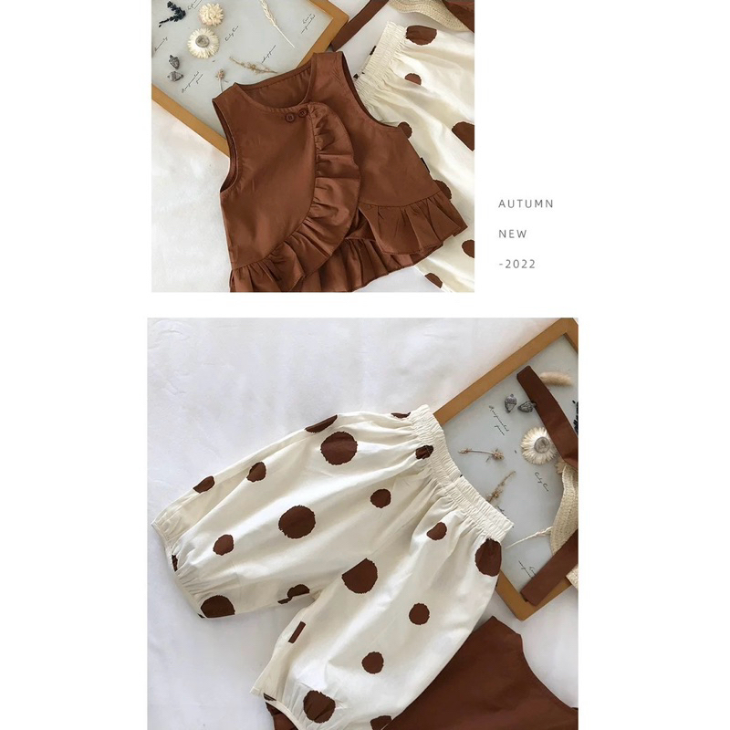 Disc 2-8Tahun Setelan 3In1 Celana 3/4 Baju Anak Perempuan Polkadot Topi Pantai Kekinian