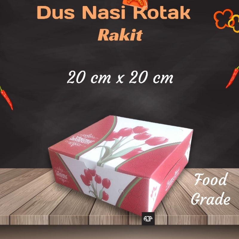 Box Kotak Nasi / Dus Kemasan Makanan Motif Warna Merah Ukuran 20 cm x 20 cm | 25 pcs