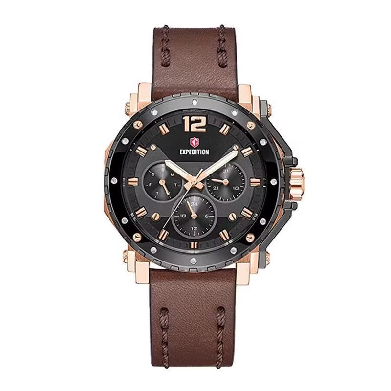 Jam Tangan Wanita Expedition Exp Chronograph E 6402  Black Dial Brown Leather Strap