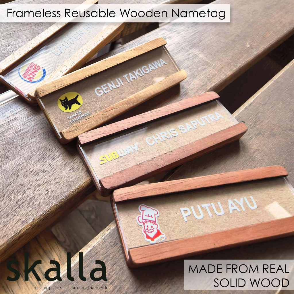 

Skalla Frameless reusable nametag papan nama dada name tag kayu wood badge pin hotel resto custom