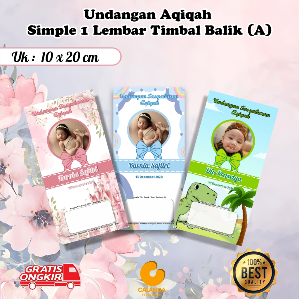 Undangan Aqiqah Simple 1 Lembar Timbah Balik (A) Uk:10 x20 cm Free Foto & Plastik
