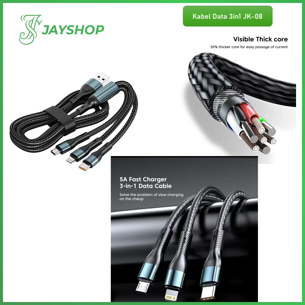 Kabel Data 3in1 JK-08 Kabel Data Pengisian Cepat 120W Micro Type C Lightning Kabel Fast Charging