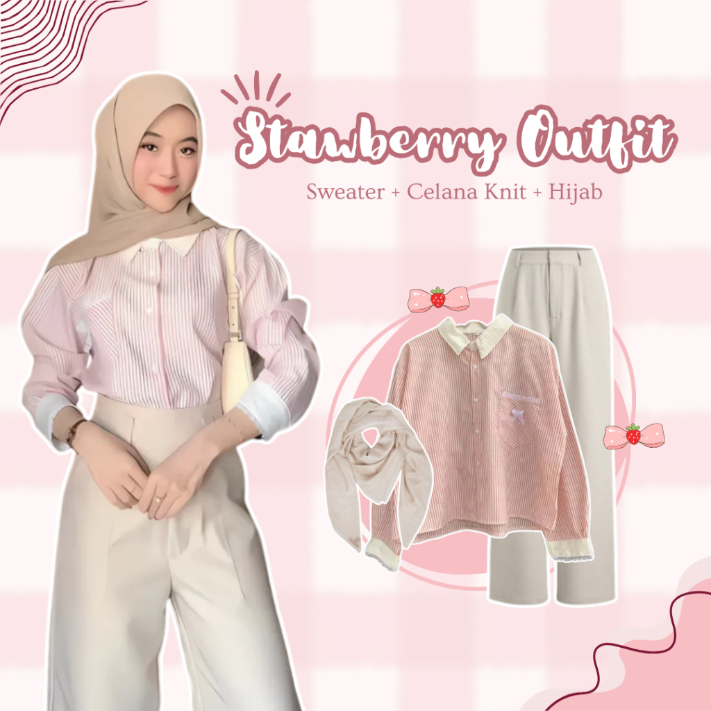 One Set outfit Wanita Simple Kekinian | Kemeja Salur, Celana Knit, Hijab | OOTD Elegand - SN019 N