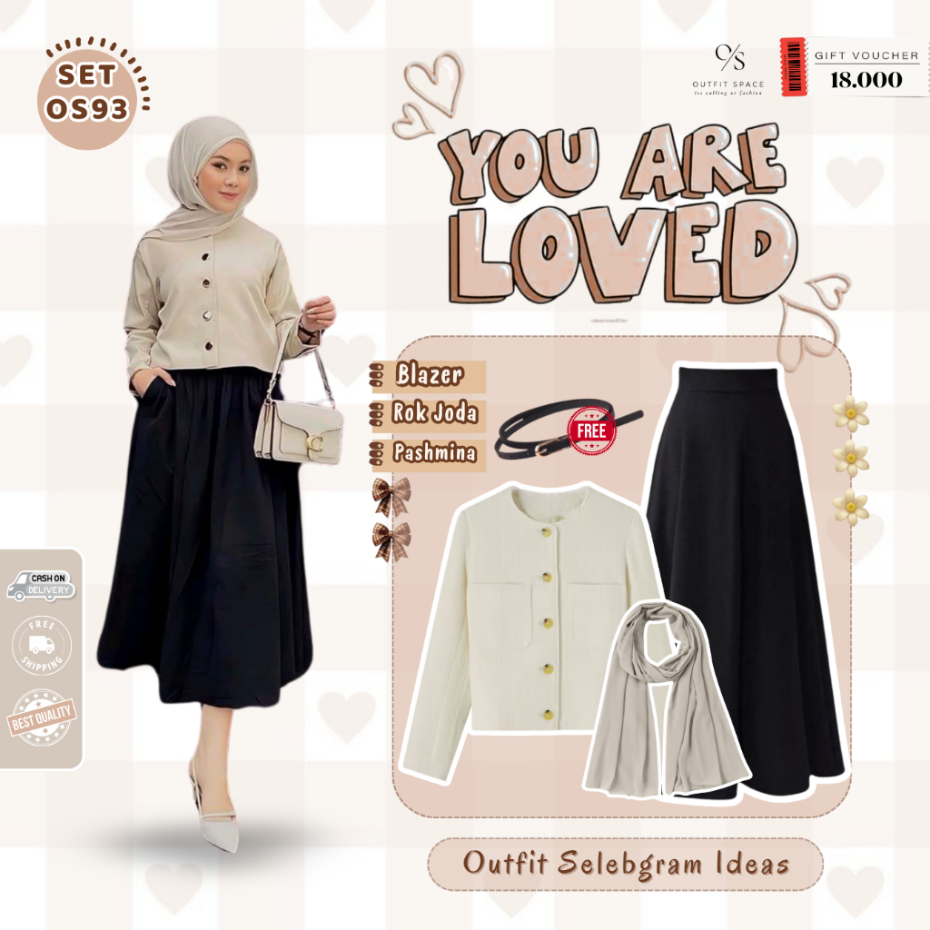 Set Rok Korean Style Hijab | Rok Joda Hitam, Gemma Blazer Ivory, Hijab Pashmina Ceruty Cream | Outfi