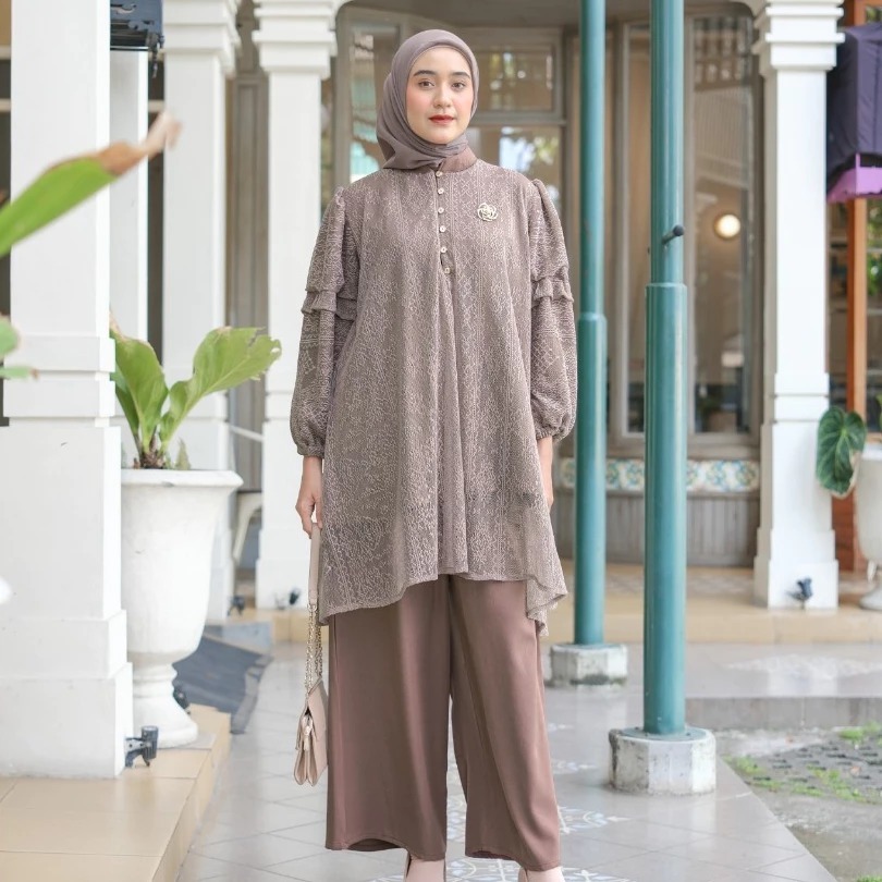 HANZA ONE SET BAJU SETELAN TUNIK CELANA SILK MIX BRUKAT CHANTILY KONDANGAN TERBARU BAJU PESTA BRUKAT