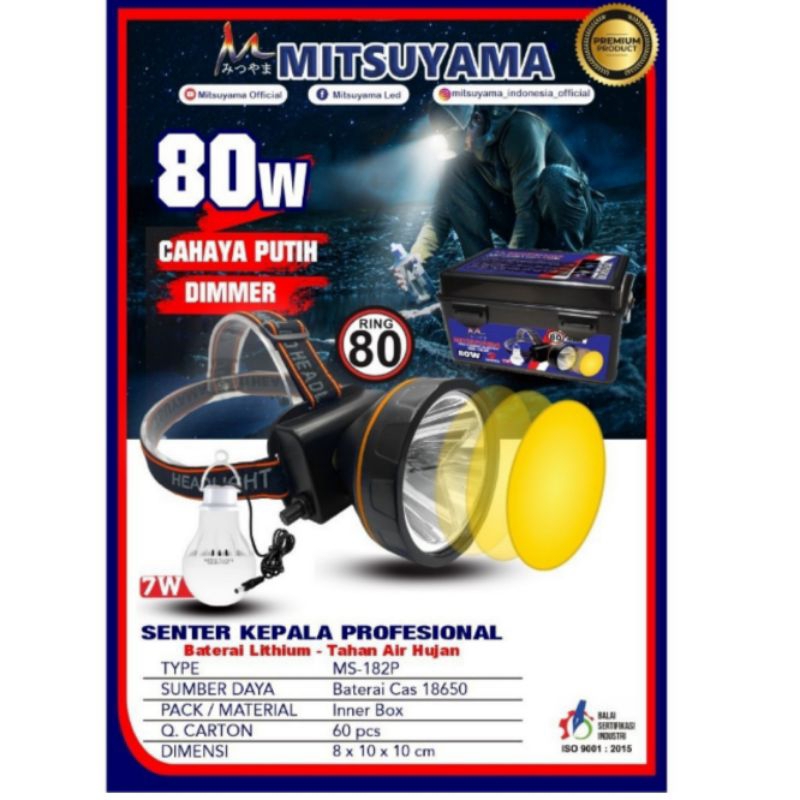 Senter Kepala Headlamp Dimmer Professional MS-182P Mitsuyama Terang
