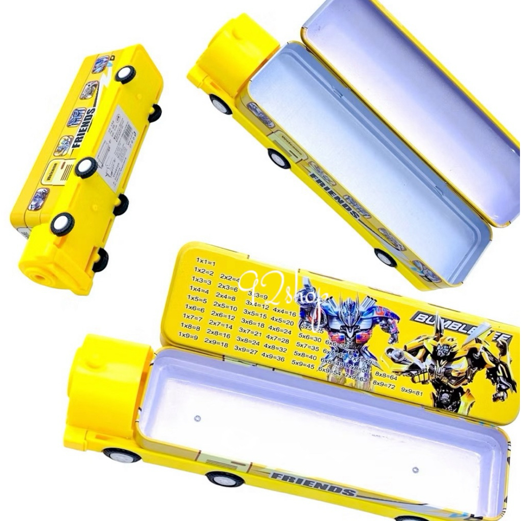 

Tempat pensil kaleng dua tingkat bentuk kereta panjang | kotak pensil kaleng bumble bee beroda + serutan pensil