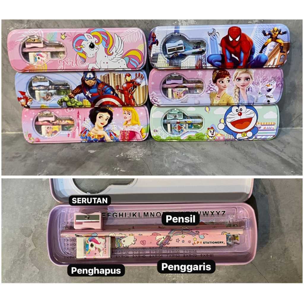 

TEMPAT PENSIL KARAKTER 4IN1 / KOTAK PENSIL KALENG MURAH LUCU KARAKTER (KOTAK PENSIL, PENSIL, RAUTAN, PENGHAPUS, PENGGARIS)
