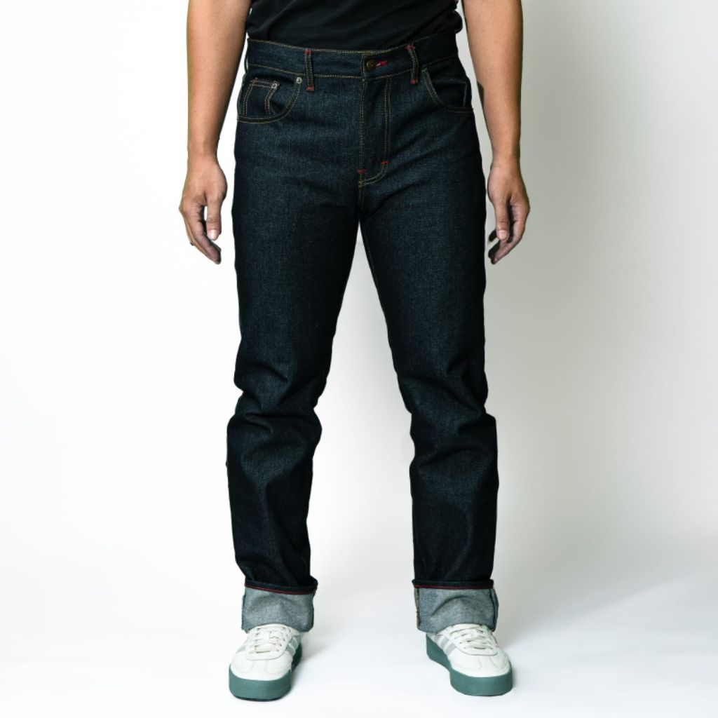 Livingstondenim celana jeans denim pria Raw denim selvedge accent 15oz slim straight