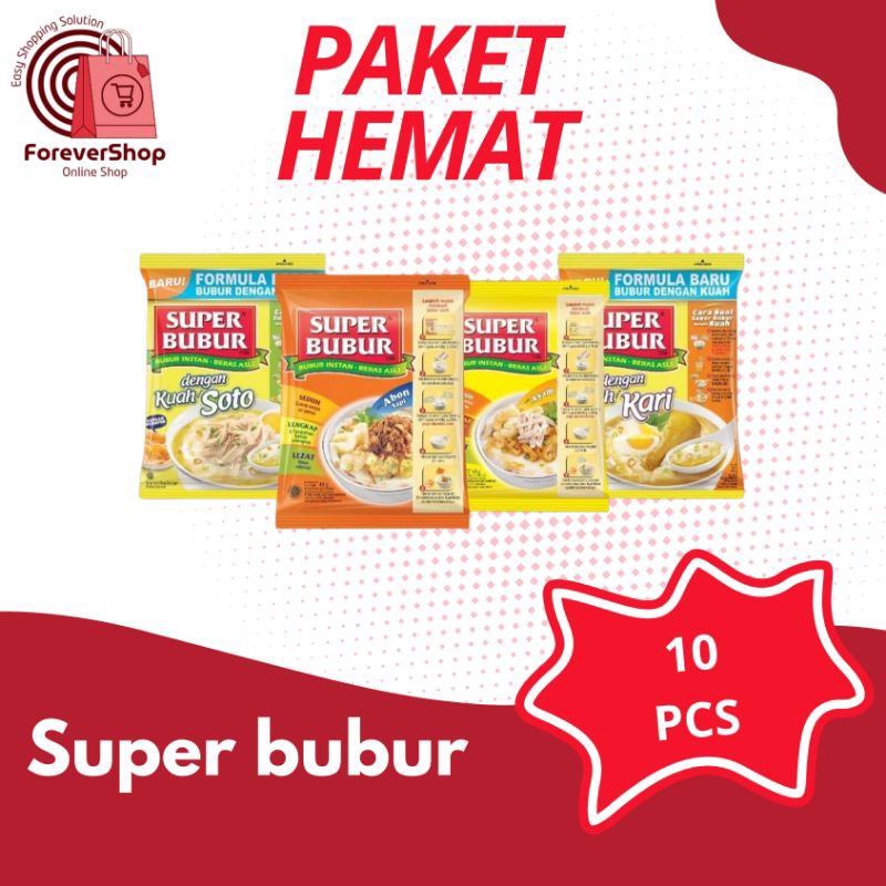 

Super Bubur - PAKET HEMAT 10 PCS - Bubur Instan Rasa Ayam, Abon Sapi, Kuah Kari, dan Kuah Soto