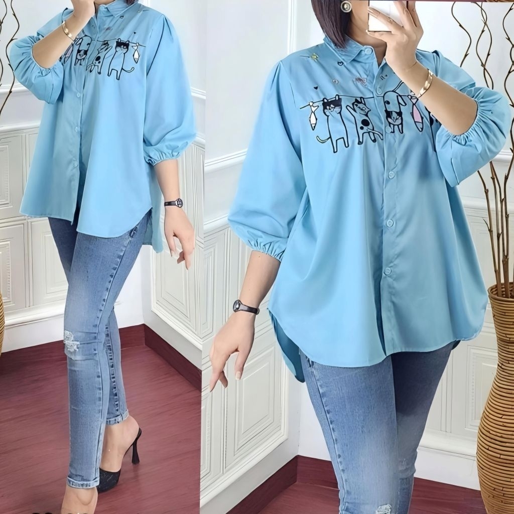 KEMEJA WANITA JUMBO(Ld:120cm) XXXL BORDIR KITTY KATUN TOYOBO