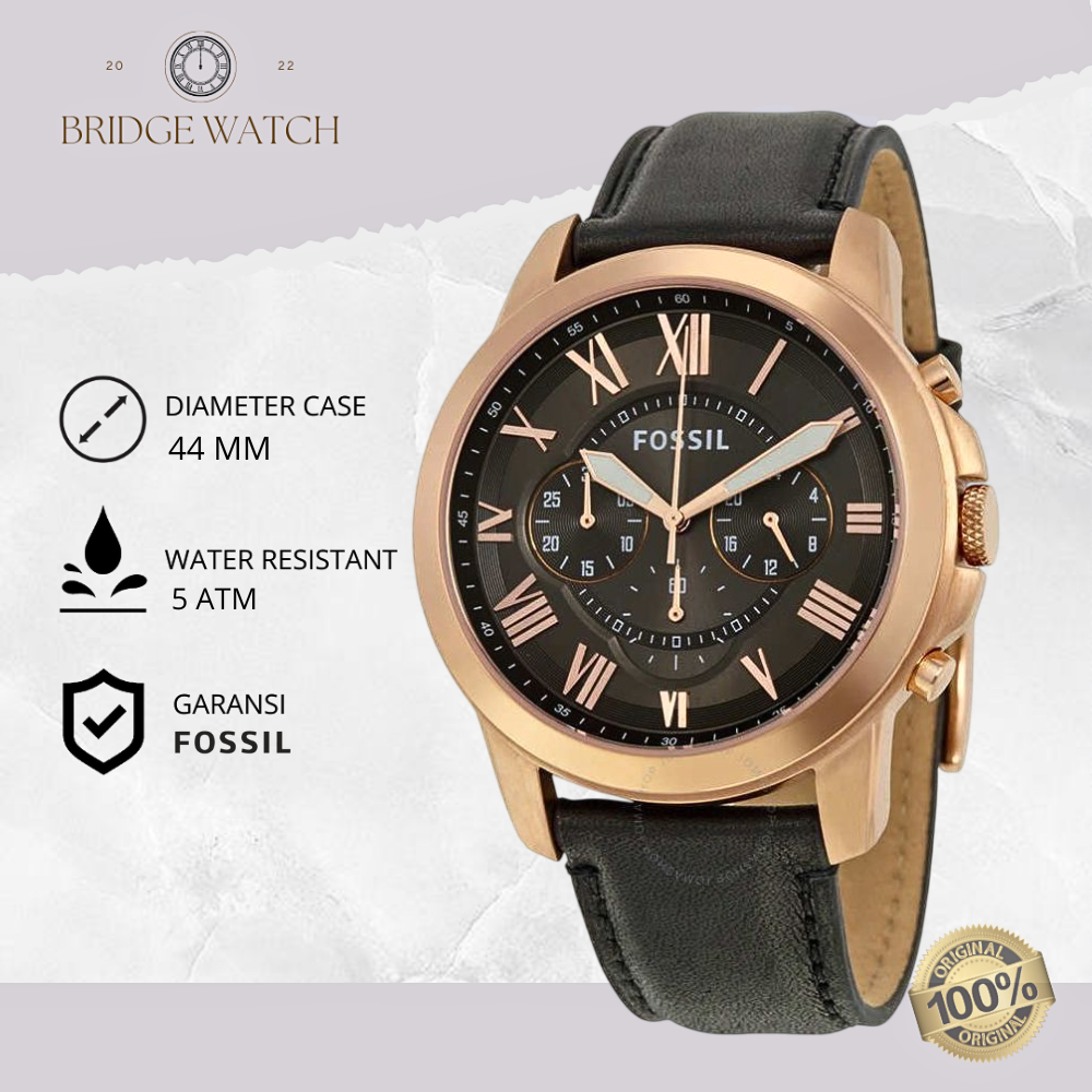 Jam Tangan Pria Fossil FS5085 Grant Chronograph Leather Strap Kulit Hitam Casual Original