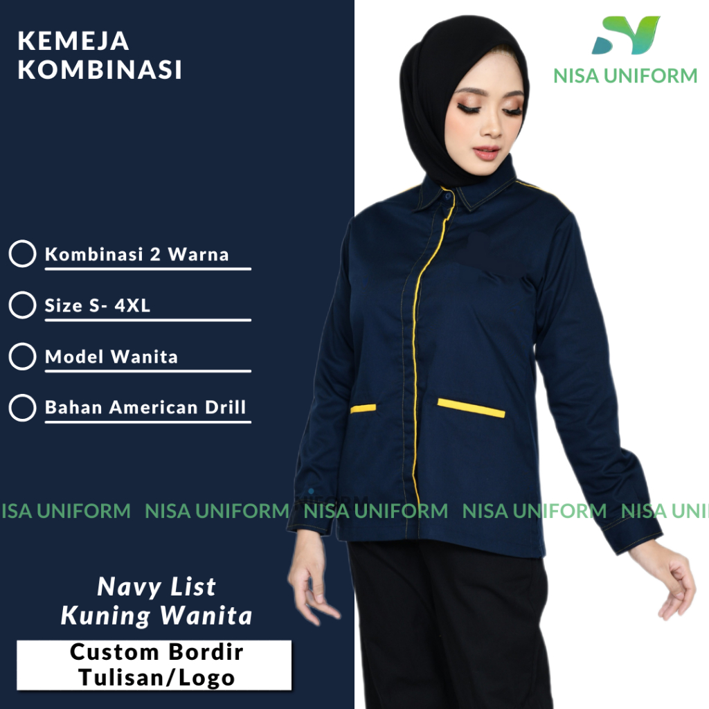 Baju Kemeja Lengan Panjang Pria/Seragam Kerja Kantoran/Baju Navy Lis Kuning Lengan Panjang