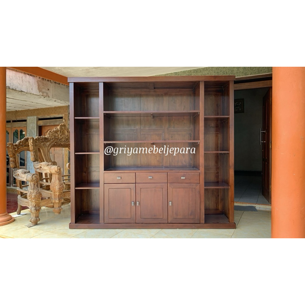 lemari buku minimalis kayu jati Jepara