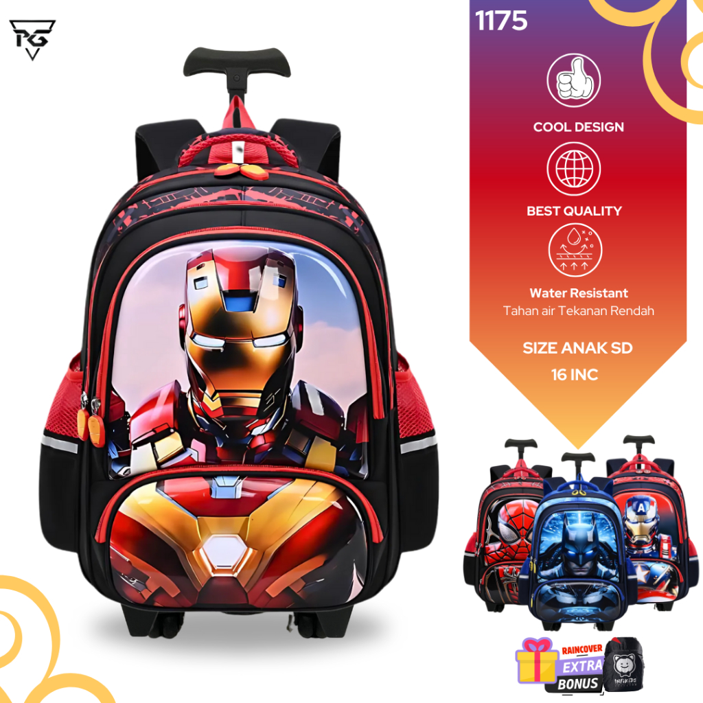 Troli Koper Sekolah Anak SD Laki Laki  Gambar 6D Motif Ironman Tas Troli Dorong Anak Cowok 1175