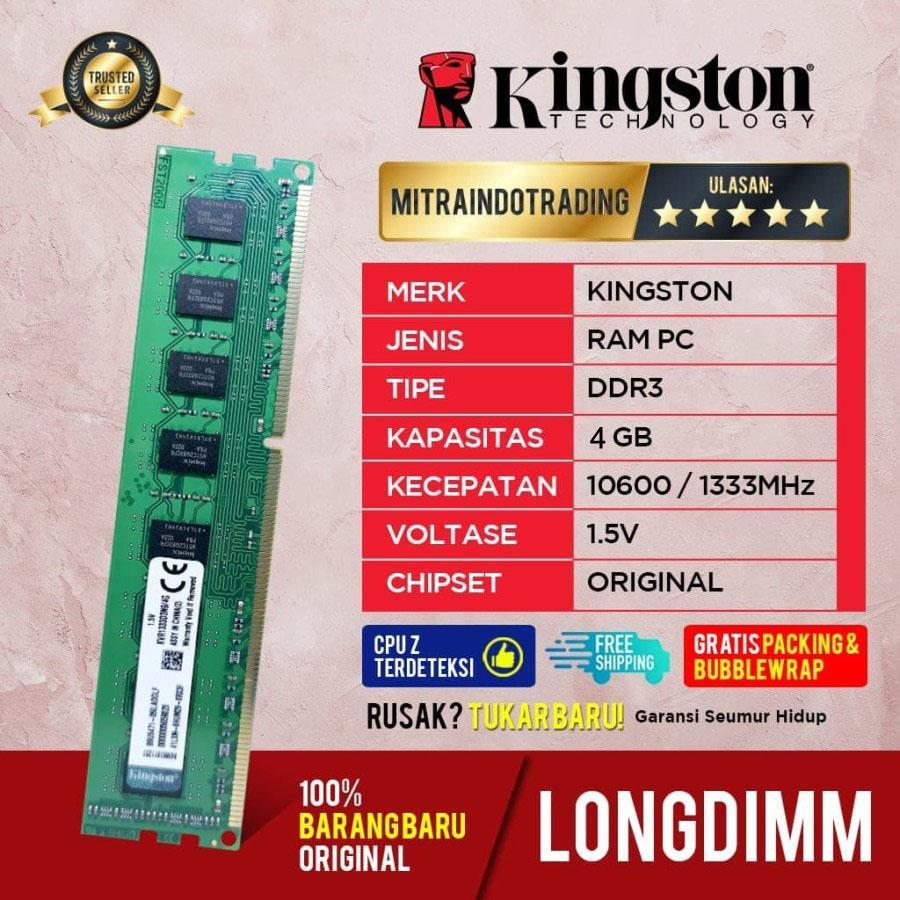RAM KINGSTON DDR3 4GB 10600 / 1333Mhz RAM PC LONGDIMM - Hitam Computer