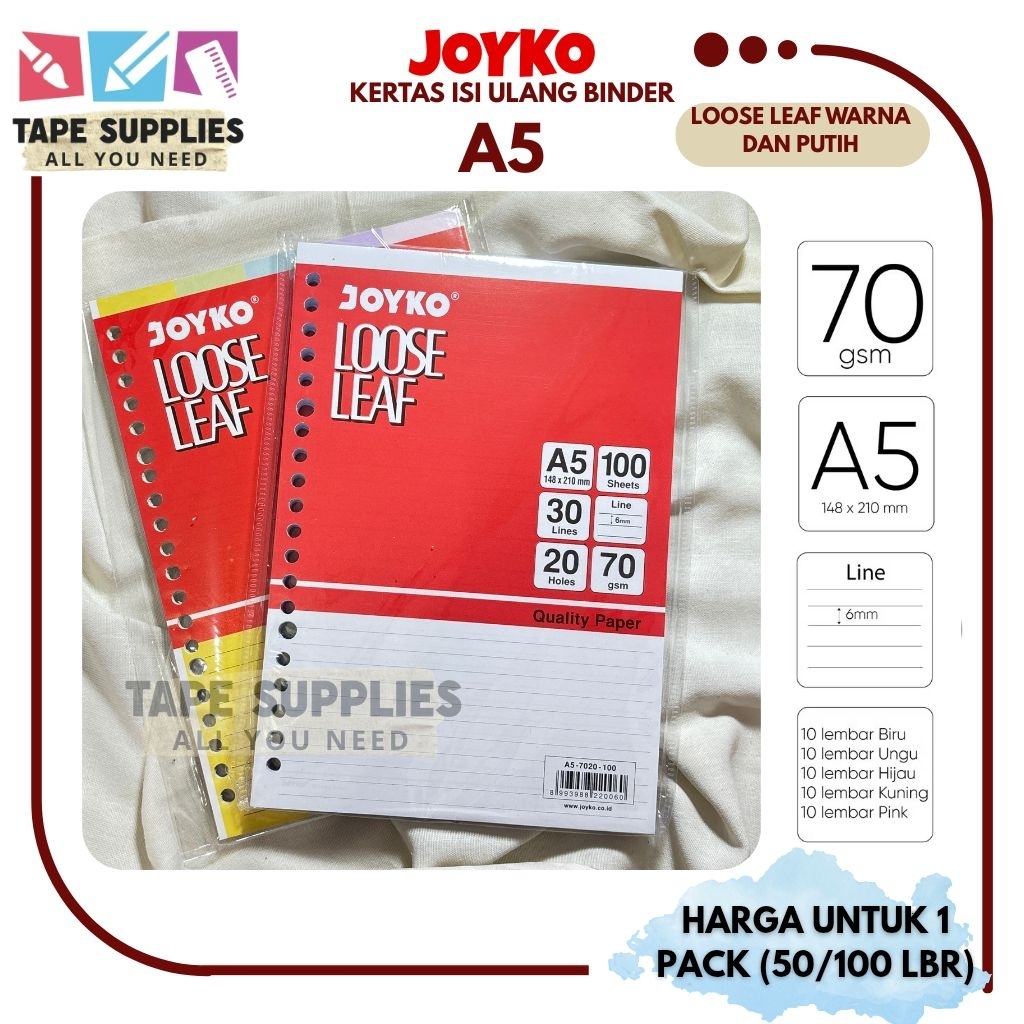 

(Isi 50/100 LBR) Loose Leaf A5 / Isi Kertas File Binder JOYKO Bergaris-Warna