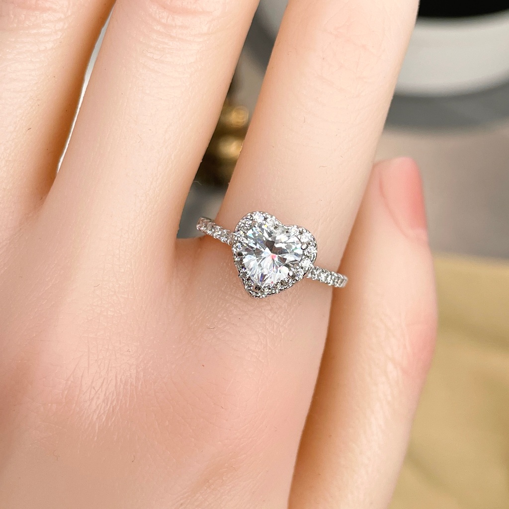 ShinyShiny-Cincin moissanite berbentuk hati dengan berlian penuh di sekelilingnya, cincin tunangan w