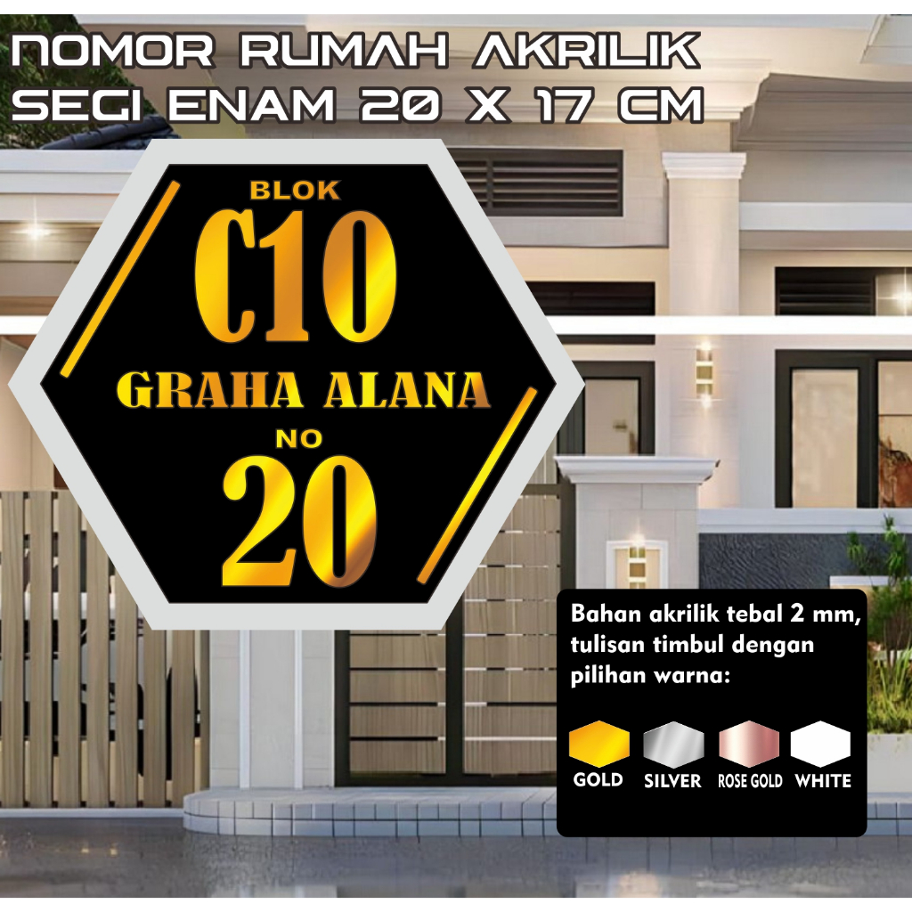 NOMOR RUMAH TULISAN TIMBUL / NOMOR RUMAH AKRILIK HEXAGONAL SEGI ENAM / PAPAN NOMOR RUMAH TULISAN TIM