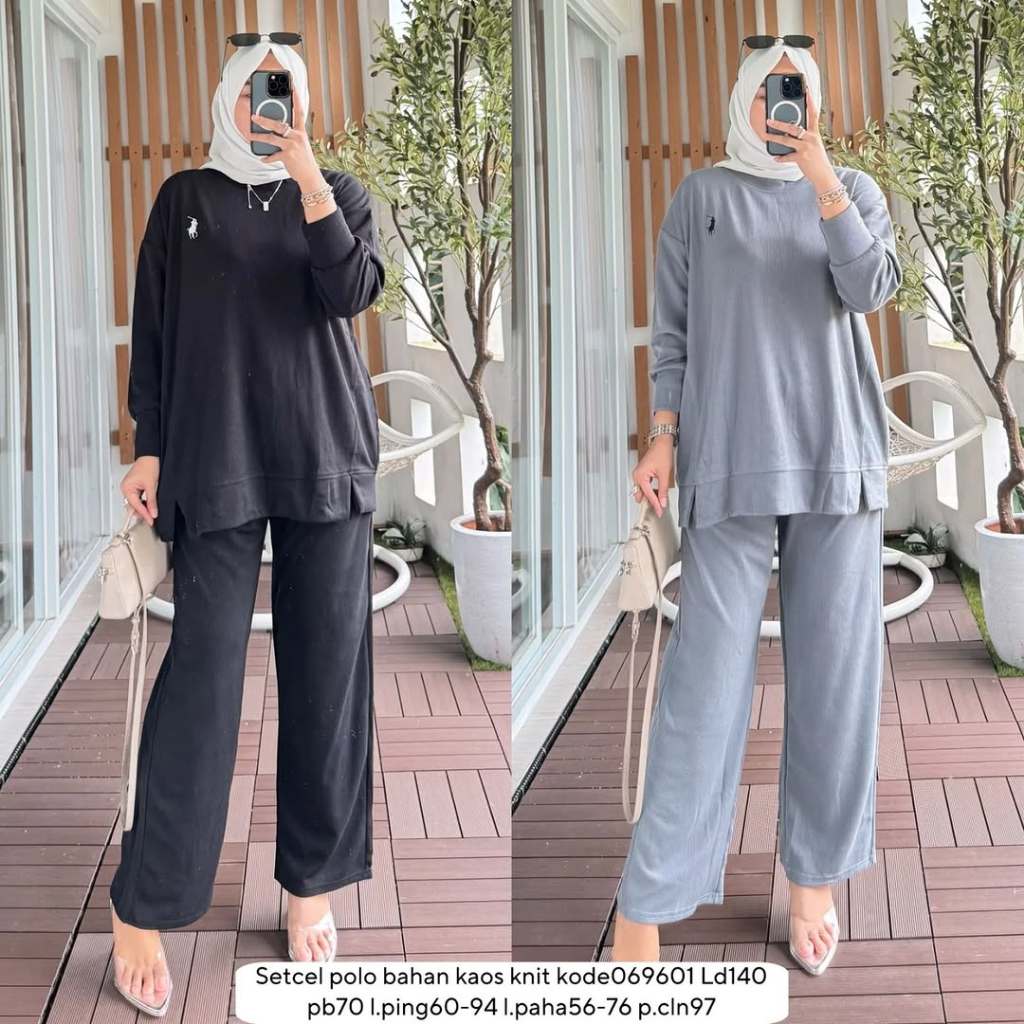 Setelan Muslimah Wanita Kekinian Bahan Knit - Baju dan Celana Santai