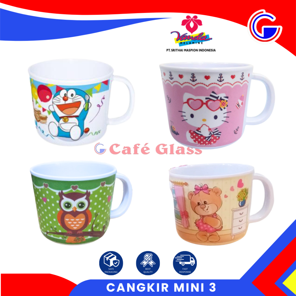 Cangkir Gelas Minum Anak / Cangkir Karakter Melamin / Cangkir Mini 3 Doraemon Hello Kitty Vanda