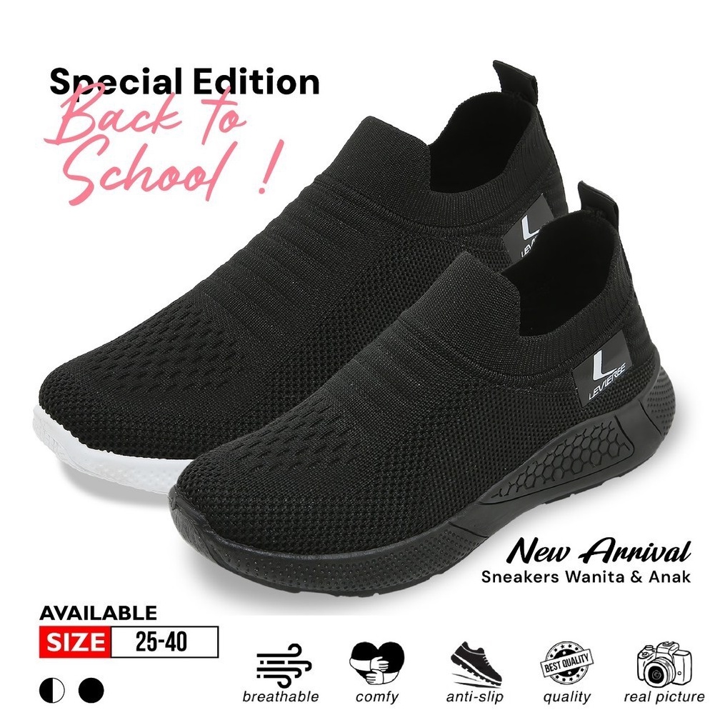 LVRkids FREE BOX SIZE 254 LV438 Sepatu Sekolah Anak SD Sepatu Slip On Anak Hitam Tanpa Tali Sepatu S