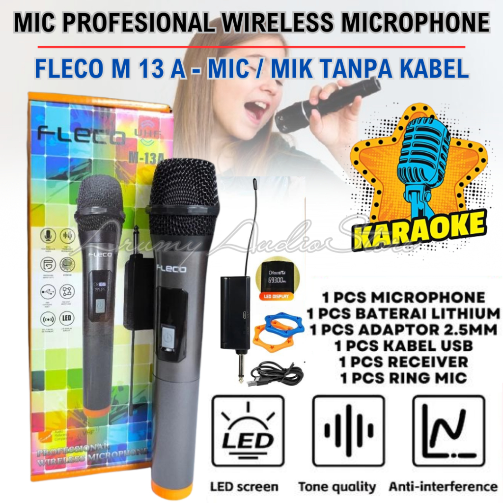 Mic Wireless/Microphone Profesional Tanpa Kabel Fleco M-13a - Mic Murah Mic Karaoke Suara Jernih Wir